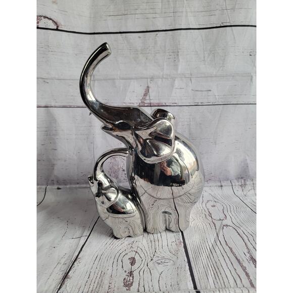 Elephant Mama And Baby Silver Figure 11 Inches Tall - Picture 5 of 8
